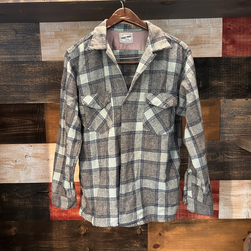 Frost Proof Frostproof Flannel Wool Plaid Shirt Loop Collar 60s Medium Grey Men